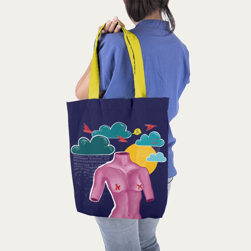 Fashion, accesorii si bijuterii - Femei - Accesorii femei - Genti si rucsacuri femei - Geanta Handmade Tote Liner cu Captuseala, Afrodita Bust, Nori si Ploaie, Multicolor, 45x37 cm - Infinity.ro