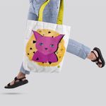 Fashion, accesorii si bijuterii - Femei - Accesorii femei - Genti si rucsacuri femei - Geanta Handmade Tote Liner cu Captuseala, Pisica Cosmica Violet cu Ochi Albastri, Multicolor, 45x37 cm - Infinity.ro