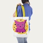 Fashion, accesorii si bijuterii - Femei - Accesorii femei - Genti si rucsacuri femei - Geanta Handmade Tote Liner cu Captuseala, Pisica Cosmica Violet cu Ochi Albastri, Multicolor, 45x37 cm - Infinity.ro