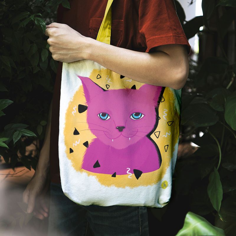 Fashion, accesorii si bijuterii - Femei - Accesorii femei - Genti si rucsacuri femei - Geanta Handmade Tote Liner cu Captuseala, Pisica Cosmica Violet cu Ochi Albastri, Multicolor, 45x37 cm - Infinity.ro