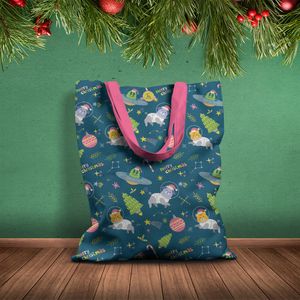 Geanta Handmade Tote Basic, Extraterestii pregatiti de Craciun, Multicolor, 43x37 cm