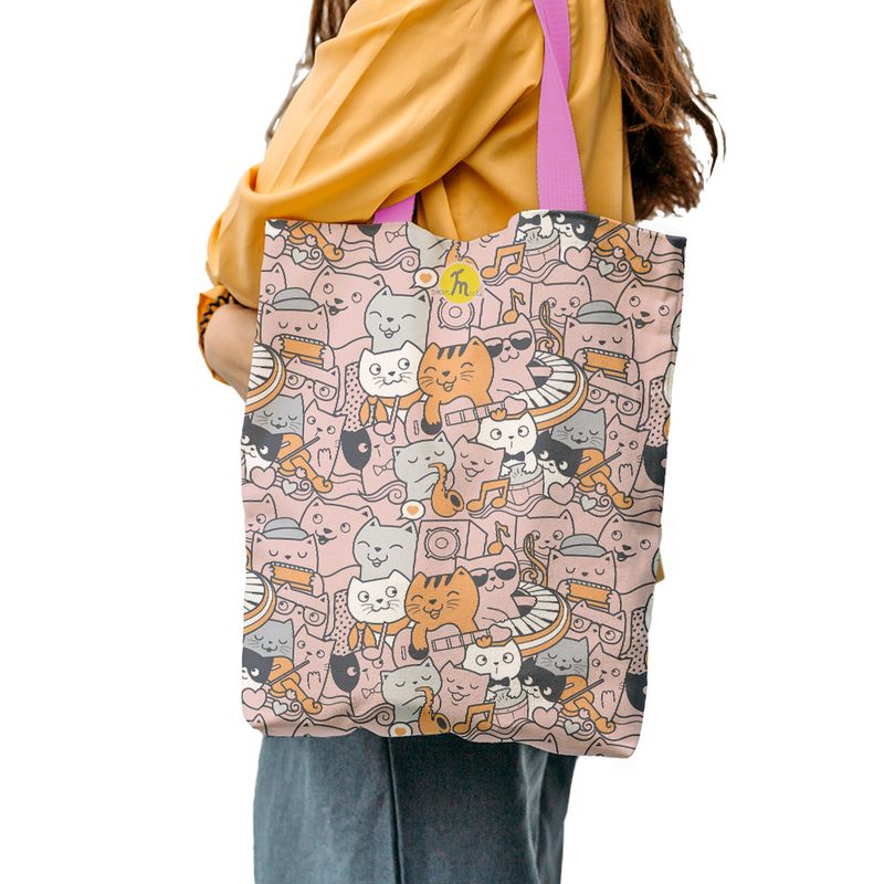 Fashion, accesorii si bijuterii - Femei - Accesorii femei - Genti si rucsacuri femei - Geanta Handmade Tote Liner cu Captuseala, Si Pisicile adora Muzica, Multicolor, 45x37 cm - Infinity.ro