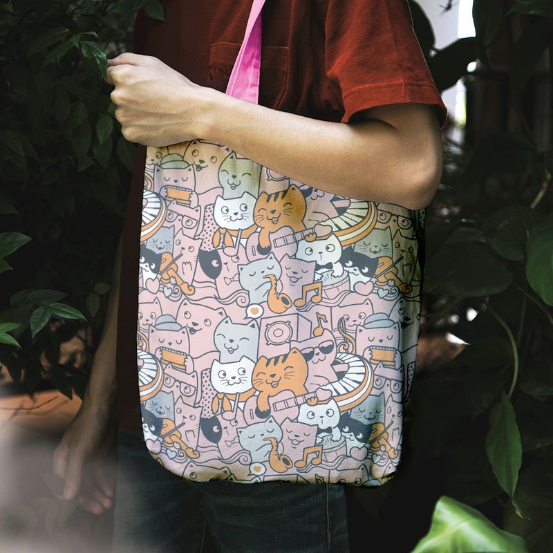 Fashion, accesorii si bijuterii - Femei - Accesorii femei - Genti si rucsacuri femei - Geanta Handmade Tote Liner cu Captuseala, Si Pisicile adora Muzica, Multicolor, 45x37 cm - Infinity.ro