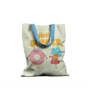 Geanta Handmade, Tote Bag Basic Mulewear, Hello Summer Inghetata si Gogoasa la Plaja, Multicolor, 43x37 cm