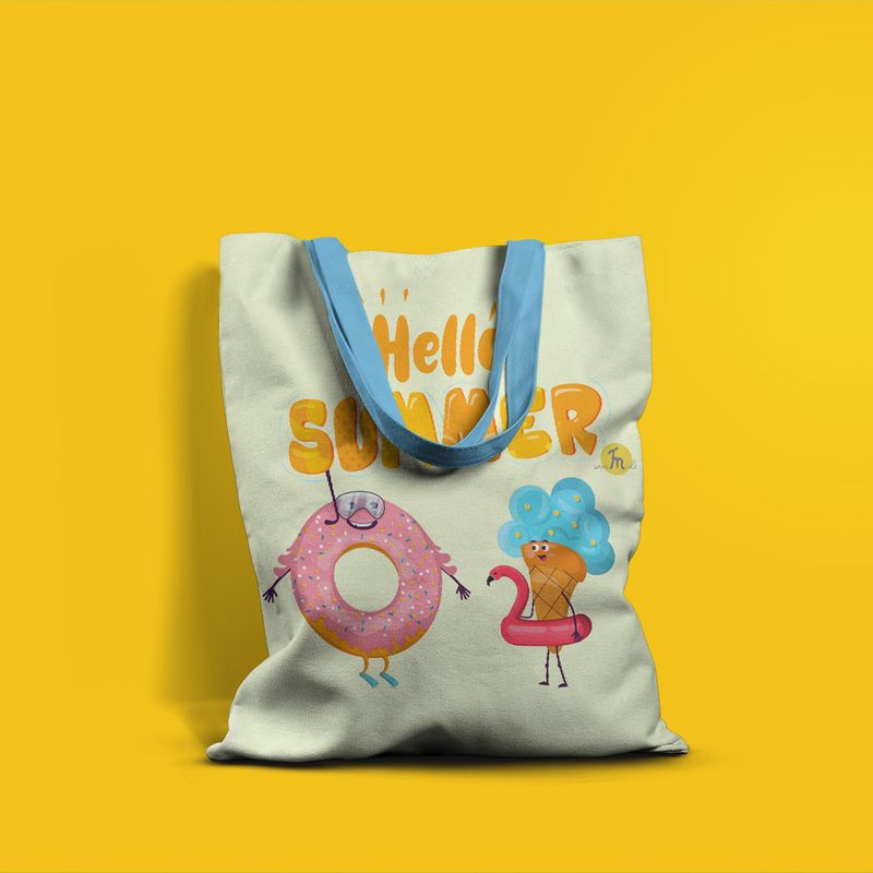 Fashion, accesorii si bijuterii - Femei - Accesorii femei - Genti si rucsacuri femei - Geanta Handmade, Tote Bag Basic Mulewear, Hello Summer Inghetata si Gogoasa la Plaja, Multicolor, 43x37 cm - Infinity.ro