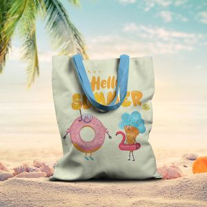 Geanta Handmade, Tote Bag Basic Mulewear, Hello Summer Inghetata si Gogoasa la Plaja, Multicolor, 43x37 cm