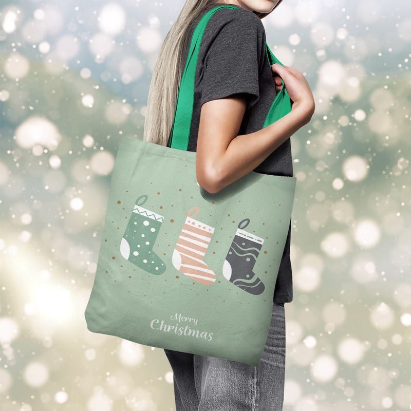 Fashion, accesorii si bijuterii - Femei - Accesorii femei - Genti si rucsacuri femei - Geanta Handmade Tote Basic, Merry Christmas Sosete de Craciun, Multicolor, 43x37 cm - Infinity.ro