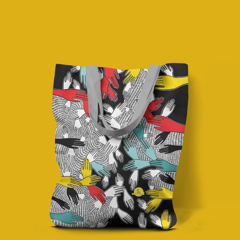 Fashion, accesorii si bijuterii - Femei - Accesorii femei - Genti si rucsacuri femei - Geanta Handmade Tote Liner cu Captuseala, Maini Mistice, Multicolor, 45x37 cm - Infinity.ro