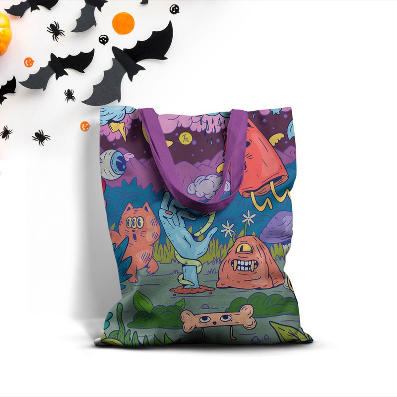 Fashion, accesorii si bijuterii - Femei - Accesorii femei - Genti si rucsacuri femei - Geanta Handmade Tote Basic, Creaturile din Noaptea de Halloween, Multicolor, 43x37 cm - Infinity.ro