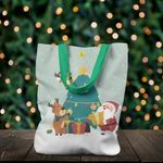 Fashion, accesorii si bijuterii - Femei - Accesorii femei - Genti si rucsacuri femei - Geanta Handmade Tote Liner cu Captuseala, Renii si Mos Craciun Impodobesc Bradul, Multicolor, 43x37 cm - Infinity.ro