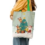 Fashion, accesorii si bijuterii - Femei - Accesorii femei - Genti si rucsacuri femei - Geanta Handmade Tote Liner cu Captuseala, Renii si Mos Craciun Impodobesc Bradul, Multicolor, 43x37 cm - Infinity.ro