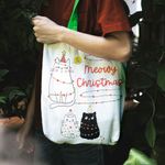 Fashion, accesorii si bijuterii - Femei - Accesorii femei - Genti si rucsacuri femei - Geanta Handmade Tote Liner cu Captuseala, Meowy Christmas Urare de Craciun de la 3 Pisici, Multicolor, 45x37 cm - Infinity.ro
