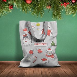 Geanta Handmade Tote Basic, Cadouri si Pisici de Craciun, Multicolor, 43x37 cm