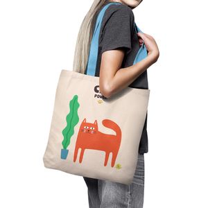 Geanta Handmade Tote Basic, Cat Power Pisica si Ghiveci cu Planta, Multicolor, 43x37 cm