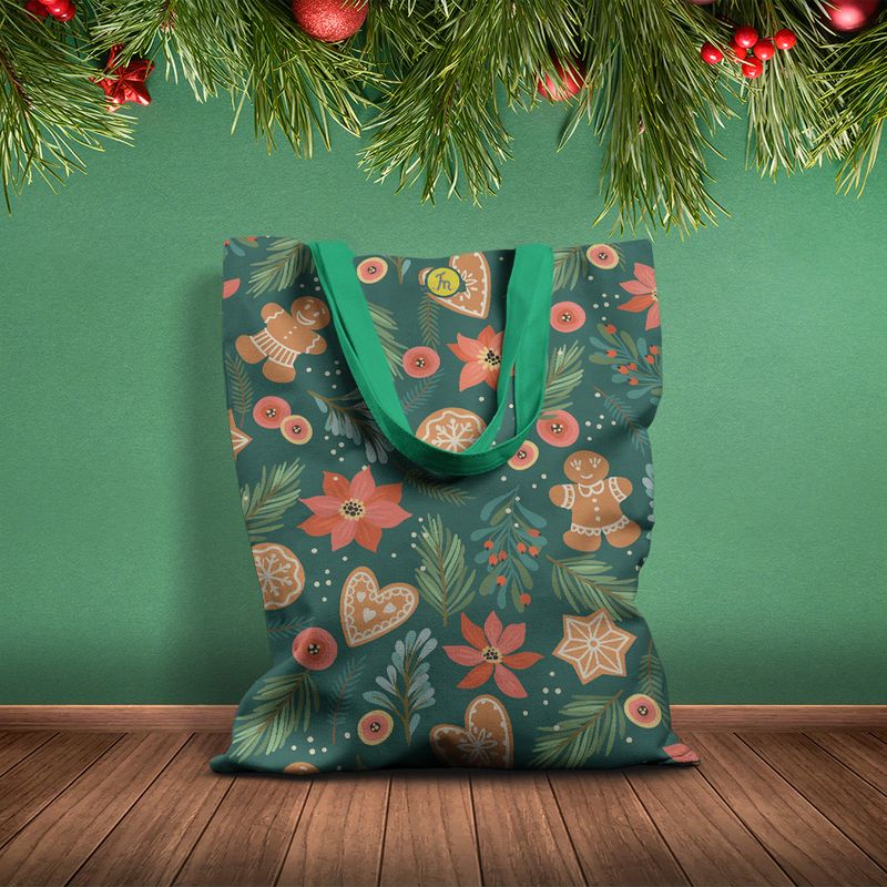 Fashion, accesorii si bijuterii - Femei - Accesorii femei - Genti si rucsacuri femei - Geanta Handmade Tote Basic, Turta Dulce de Craciun, Multicolor, 43x37 cm - Infinity.ro