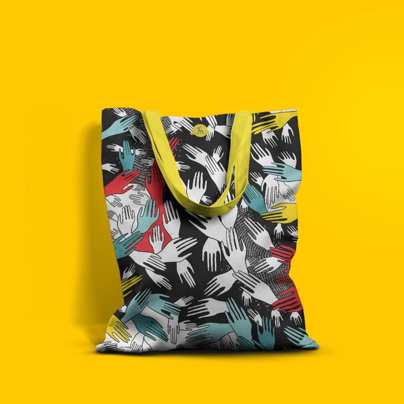 Fashion, accesorii si bijuterii - Femei - Accesorii femei - Genti si rucsacuri femei - Geanta Handmade Tote Basic, Pattern cu Palme si Atingeri, Multicolor, 43x37 cm - Infinity.ro