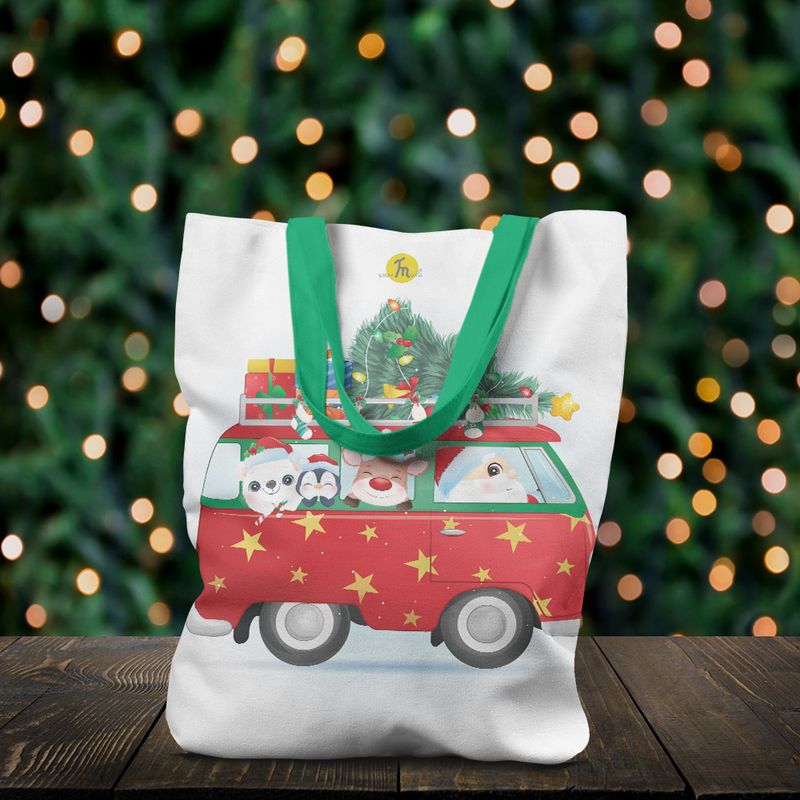 Fashion, accesorii si bijuterii - Femei - Accesorii femei - Genti si rucsacuri femei - Geanta Handmade Tote Liner cu Captuseala, Mos Craciun in VW Bus, Multicolor, 43 x 37 cm - Infinity.ro
