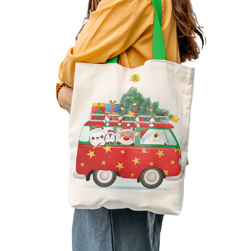 Fashion, accesorii si bijuterii - Femei - Accesorii femei - Genti si rucsacuri femei - Geanta Handmade Tote Liner cu Captuseala, Mos Craciun in VW Bus, Multicolor, 43 x 37 cm - Infinity.ro