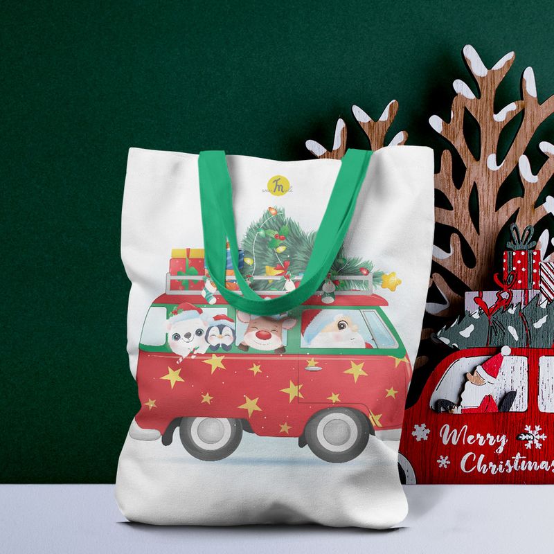 Fashion, accesorii si bijuterii - Femei - Accesorii femei - Genti si rucsacuri femei - Geanta Handmade Tote Liner cu Captuseala, Mos Craciun in VW Bus, Multicolor, 43 x 37 cm - Infinity.ro