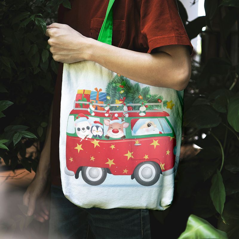 Fashion, accesorii si bijuterii - Femei - Accesorii femei - Genti si rucsacuri femei - Geanta Handmade Tote Liner cu Captuseala, Mos Craciun in VW Bus, Multicolor, 43 x 37 cm - Infinity.ro