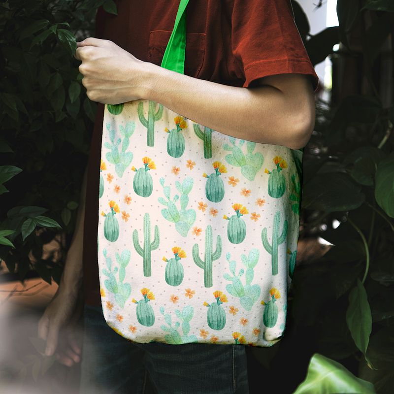 Fashion, accesorii si bijuterii - Femei - Accesorii femei - Genti si rucsacuri femei - Geanta Handmade Tote Liner Captusit, Botanic Plante Flori Portocalii de Cactus in desert, Multicolor, 43 x 37 cm - Infinity.ro