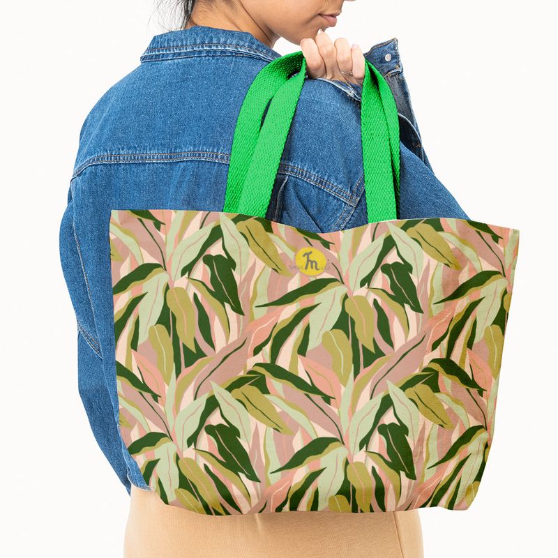 Fashion, accesorii si bijuterii - Femei - Accesorii femei - Genti si rucsacuri femei - Geanta Handmade Tote Fatty Captusit, Mulewear, Botanic Flori Frunze Tropicale, Multicolor, 43 x 37 cm - Infinity.ro