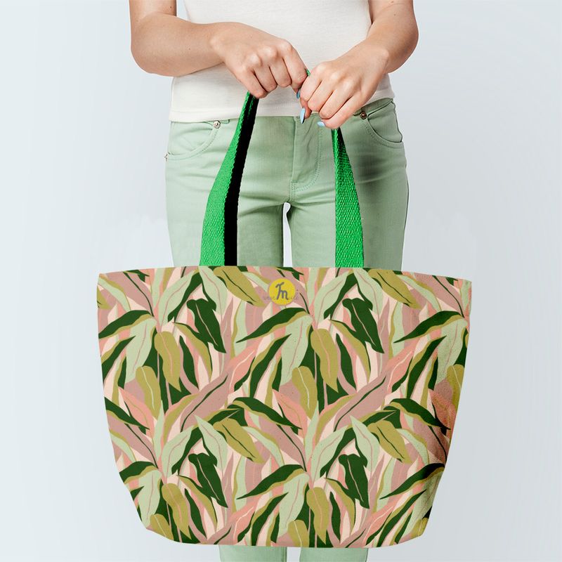 Fashion, accesorii si bijuterii - Femei - Accesorii femei - Genti si rucsacuri femei - Geanta Handmade Tote Fatty Captusit, Mulewear, Botanic Flori Frunze Tropicale, Multicolor, 43 x 37 cm - Infinity.ro