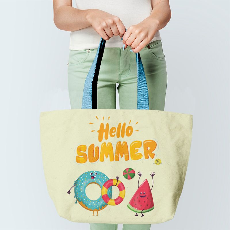 Fashion, accesorii si bijuterii - Femei - Accesorii femei - Genti si rucsacuri femei - Geanta de Plaja Handmade Tote Fatty cu Captuseala, Hello Summer Gogoasa si Pepene Rosu la Plaja, 43 x 37 cm - Infinity.ro