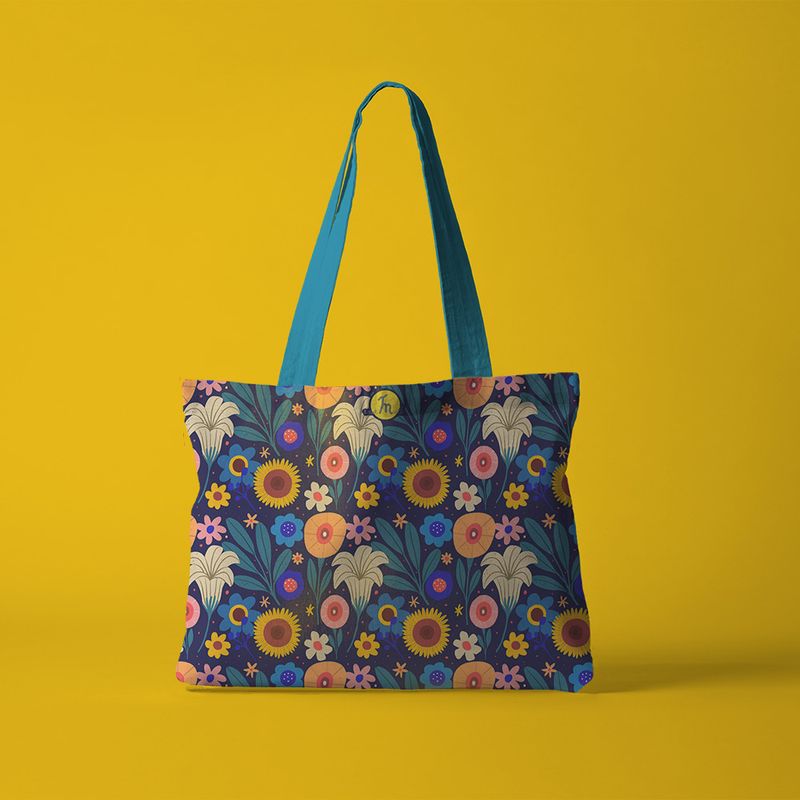 Fashion, accesorii si bijuterii - Femei - Accesorii femei - Genti si rucsacuri femei - Geanta Handmade Tote Fatty Captusit, Mulewear, Botanic Camp cu Floarea Soarelui, Multicolor, 43 x 37 cm - Infinity.ro