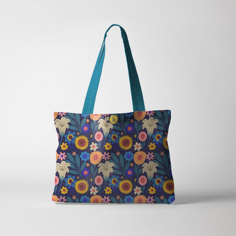 Fashion, accesorii si bijuterii - Femei - Accesorii femei - Genti si rucsacuri femei - Geanta Handmade Tote Fatty Captusit, Mulewear, Botanic Camp cu Floarea Soarelui, Multicolor, 43 x 37 cm - Infinity.ro