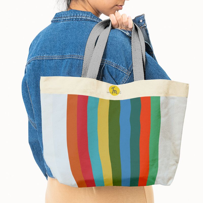 Fashion, accesorii si bijuterii - Femei - Accesorii femei - Genti si rucsacuri femei - Geanta Handmade, Tote Bag Fatty Original Mulewear, Abstract Dungi color, Multicolor, 43 x 37 cm - Infinity.ro