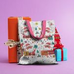 Fashion, accesorii si bijuterii - Femei - Accesorii femei - Genti si rucsacuri femei - Geanta Handmade Tote Basic, Merry Christmas Mos Craciun cu Ochelari, Multicolor, 43 x 37 cm - Infinity.ro