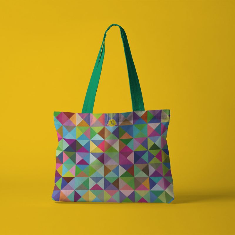 Fashion, accesorii si bijuterii - Femei - Accesorii femei - Genti si rucsacuri femei - Geanta Handmade Tote Fatty cu Captuseala, Abstract Triunghiuri si Patrate In Culori Vintage, Multicolor, 37 x 45 cm - Infinity.ro