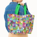 Fashion, accesorii si bijuterii - Femei - Accesorii femei - Genti si rucsacuri femei - Geanta Handmade Tote Fatty cu Captuseala, Abstract Triunghiuri si Patrate In Culori Vintage, Multicolor, 37 x 45 cm - Infinity.ro