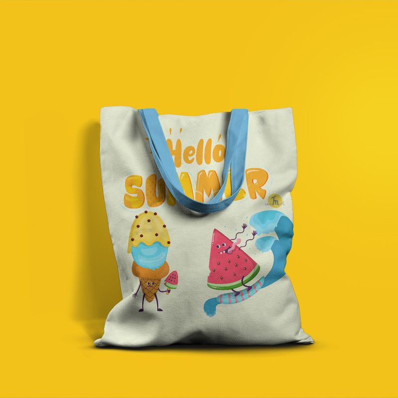 Fashion, accesorii si bijuterii - Femei - Accesorii femei - Genti si rucsacuri femei - Geanta de Plaja Tote Bag Basic Handmade Original Mulewear, Summer Pepene Rosu si Inghetata la Plaja, 43 x 37 cm - Infinity.ro