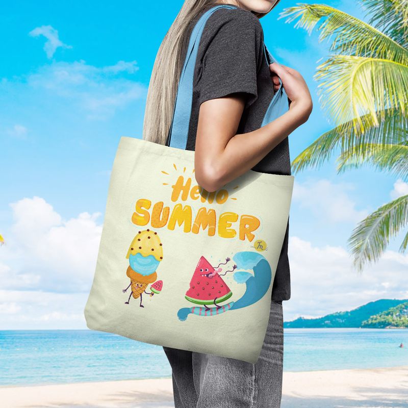 Fashion, accesorii si bijuterii - Femei - Accesorii femei - Genti si rucsacuri femei - Geanta de Plaja Tote Bag Basic Handmade Original Mulewear, Summer Pepene Rosu si Inghetata la Plaja, 43 x 37 cm - Infinity.ro