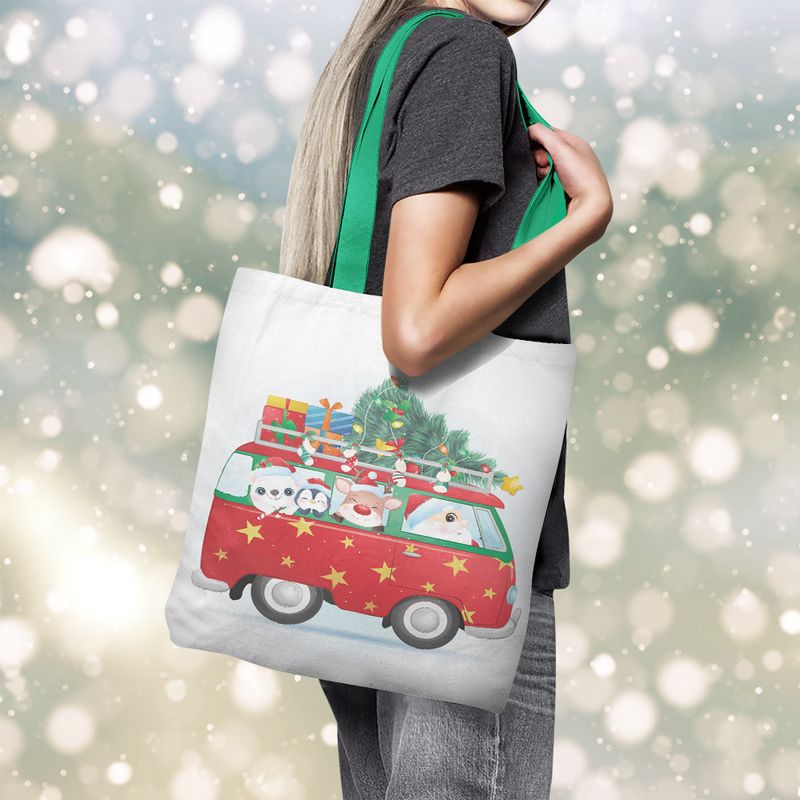 Fashion, accesorii si bijuterii - Femei - Accesorii femei - Genti si rucsacuri femei - Geanta Handmade Tote Basic, Mos Craciun in VW Bus, Multicolor, 43 x 37 cm - Infinity.ro