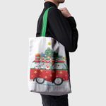 Fashion, accesorii si bijuterii - Femei - Accesorii femei - Genti si rucsacuri femei - Geanta Handmade Tote Basic, Mos Craciun in VW Bus, Multicolor, 43 x 37 cm - Infinity.ro