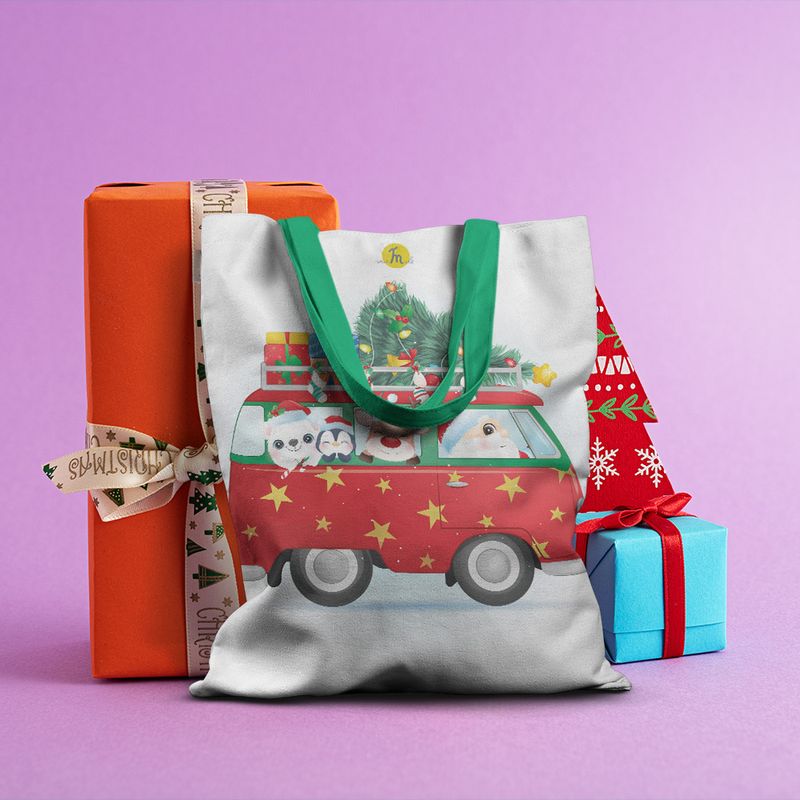 Fashion, accesorii si bijuterii - Femei - Accesorii femei - Genti si rucsacuri femei - Geanta Handmade Tote Basic, Mos Craciun in VW Bus, Multicolor, 43 x 37 cm - Infinity.ro