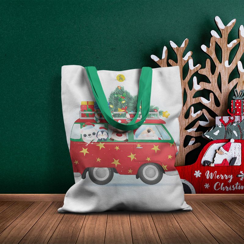 Fashion, accesorii si bijuterii - Femei - Accesorii femei - Genti si rucsacuri femei - Geanta Handmade Tote Basic, Mos Craciun in VW Bus, Multicolor, 43 x 37 cm - Infinity.ro