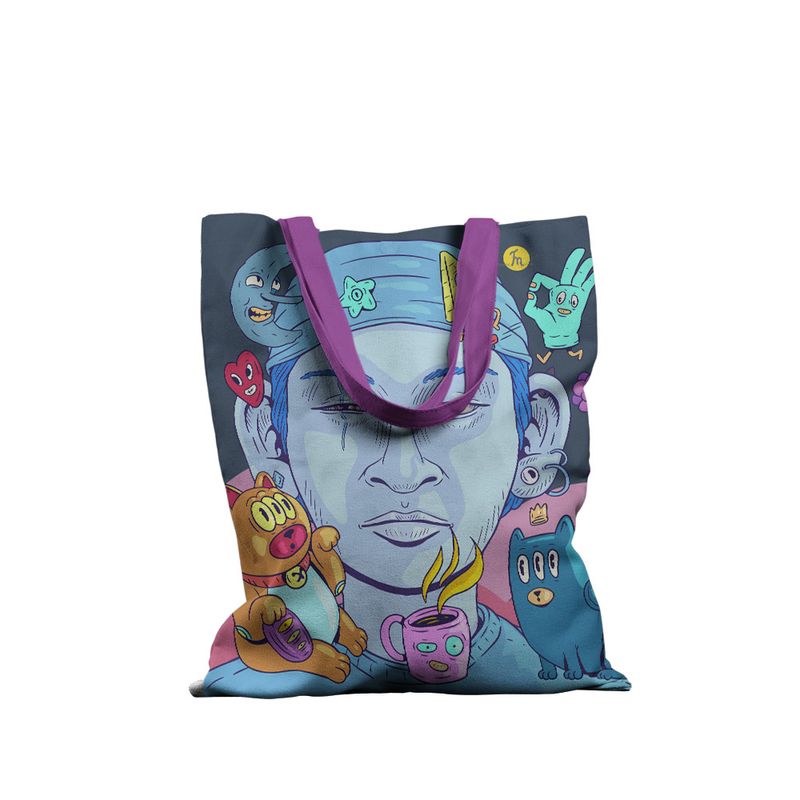 Fashion, accesorii si bijuterii - Femei - Accesorii femei - Genti si rucsacuri femei - Geanta Handmade Tote Basic, Halloween in Japonia cu Pisica Maneki-Neko, Multicolor, 43 x 37 cm - Infinity.ro