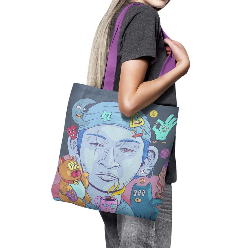 Fashion, accesorii si bijuterii - Femei - Accesorii femei - Genti si rucsacuri femei - Geanta Handmade Tote Basic, Halloween in Japonia cu Pisica Maneki-Neko, Multicolor, 43 x 37 cm - Infinity.ro