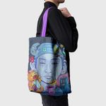 Fashion, accesorii si bijuterii - Femei - Accesorii femei - Genti si rucsacuri femei - Geanta Handmade Tote Basic, Halloween in Japonia cu Pisica Maneki-Neko, Multicolor, 43 x 37 cm - Infinity.ro