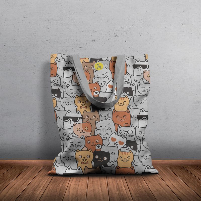 Fashion, accesorii si bijuterii - Femei - Accesorii femei - Genti si rucsacuri femei - Geanta Handmade Tote Basic, Pisici la Spectacol, Multicolor, 43 x 37 cm - Infinity.ro