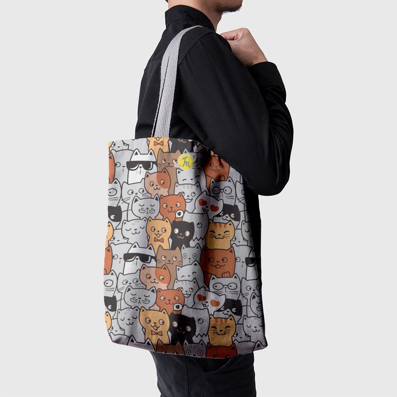 Fashion, accesorii si bijuterii - Femei - Accesorii femei - Genti si rucsacuri femei - Geanta Handmade Tote Basic, Pisici la Spectacol, Multicolor, 43 x 37 cm - Infinity.ro