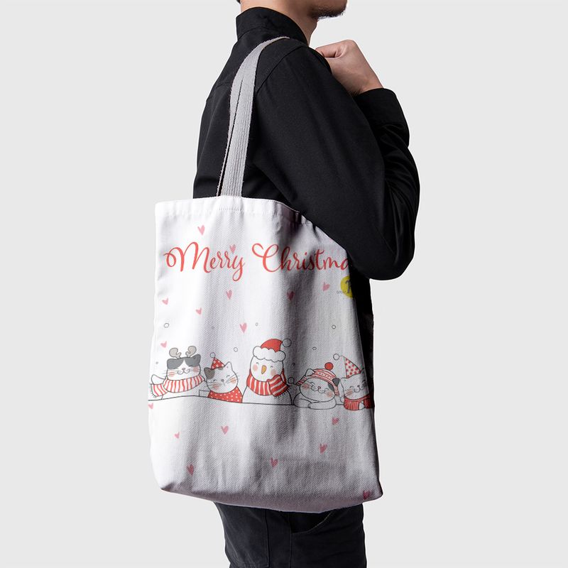 Fashion, accesorii si bijuterii - Femei - Accesorii femei - Genti si rucsacuri femei - Geanta Handmade Tote Basic, Merry Christmas Urare de Craciun de la 5 Pisici, Multicolor, 43 x 37 cm - Infinity.ro