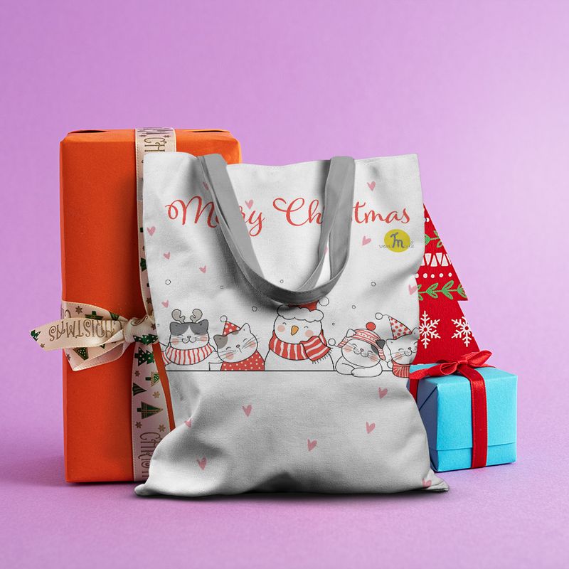 Fashion, accesorii si bijuterii - Femei - Accesorii femei - Genti si rucsacuri femei - Geanta Handmade Tote Basic, Merry Christmas Urare de Craciun de la 5 Pisici, Multicolor, 43 x 37 cm - Infinity.ro