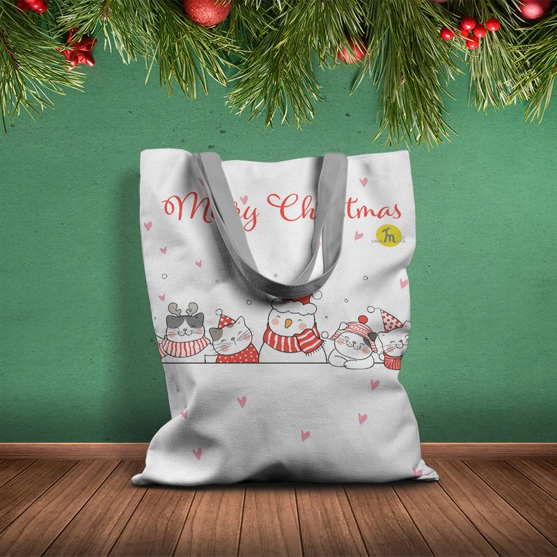 Fashion, accesorii si bijuterii - Femei - Accesorii femei - Genti si rucsacuri femei - Geanta Handmade Tote Basic, Merry Christmas Urare de Craciun de la 5 Pisici, Multicolor, 43 x 37 cm - Infinity.ro