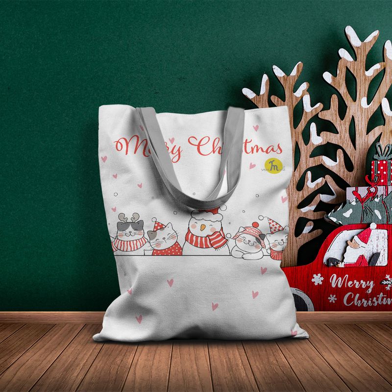 Fashion, accesorii si bijuterii - Femei - Accesorii femei - Genti si rucsacuri femei - Geanta Handmade Tote Basic, Merry Christmas Urare de Craciun de la 5 Pisici, Multicolor, 43 x 37 cm - Infinity.ro