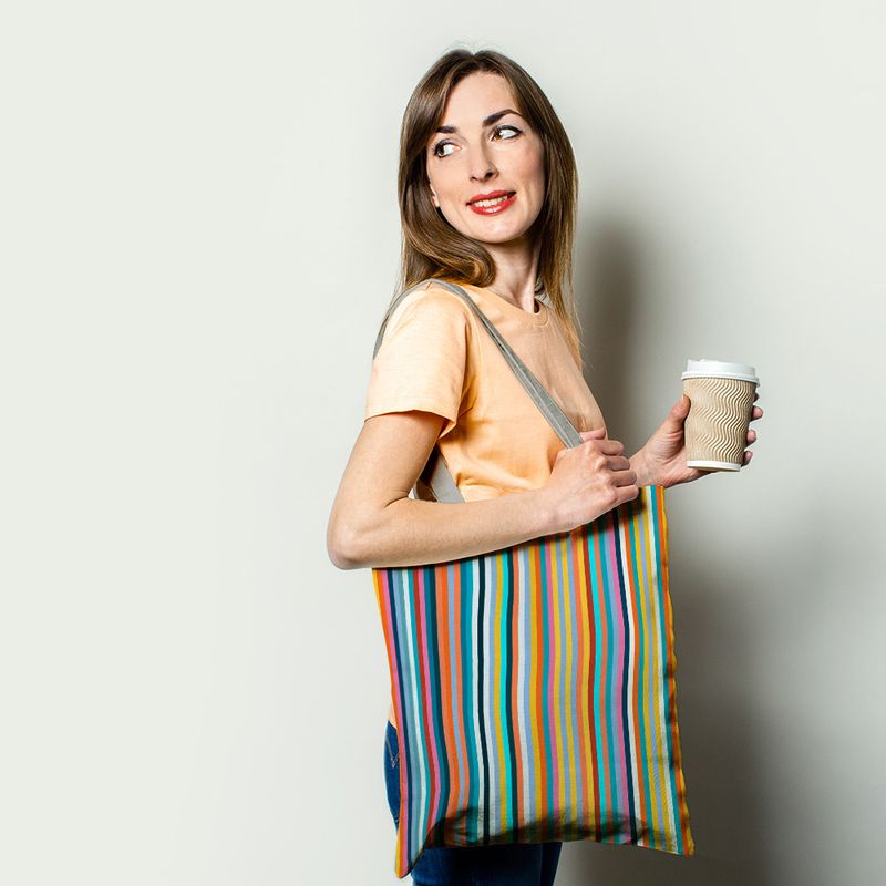 Fashion, accesorii si bijuterii - Femei - Accesorii femei - Genti si rucsacuri femei - Geanta Handmade, Tote Bag Basic Original Mulewear, Abstract Dungi Usoare, Multicolor, 43 x 37 cm - Infinity.ro